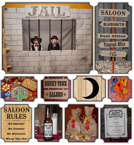 Night of Mystery | KIDS MYSTERY PARTY- Honky-Tonk Takedown!!! a group of signs and posters on a brick wall