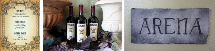Night of Mystery | Terror in a Toga Pictured here: sample menu, wine label awards and arena sign.