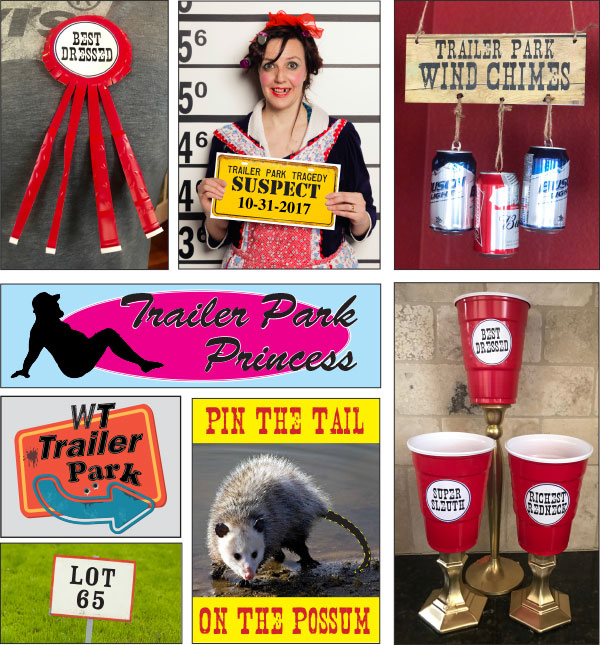 Night of Mystery | Trailer Park Tragedy – SIGNS INCLUDING: W.T. Trailer Park, Lot Sign, Ding Dong! Sign for Door, Lost Dog, Found Cat, Missing Husband, And more…